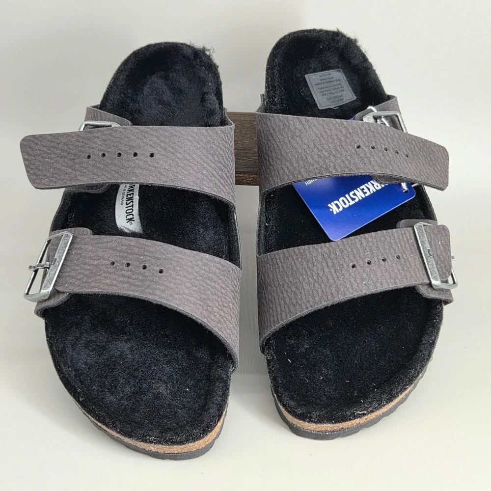 Birkenstock Arizona BS Sandals Mens 8 L10 Desert Dust Black Shearling Cozy Slide